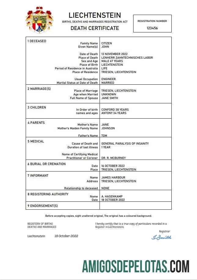 Imprimível modelo Word e PDF de certidão de óbito de registro vital de Liechtenstein